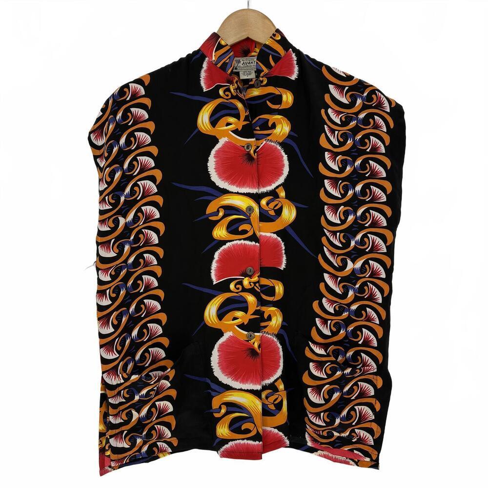 Avanti Auth Hawaiian 100% Silk VTG Shirt Black with Red and Orange Floral